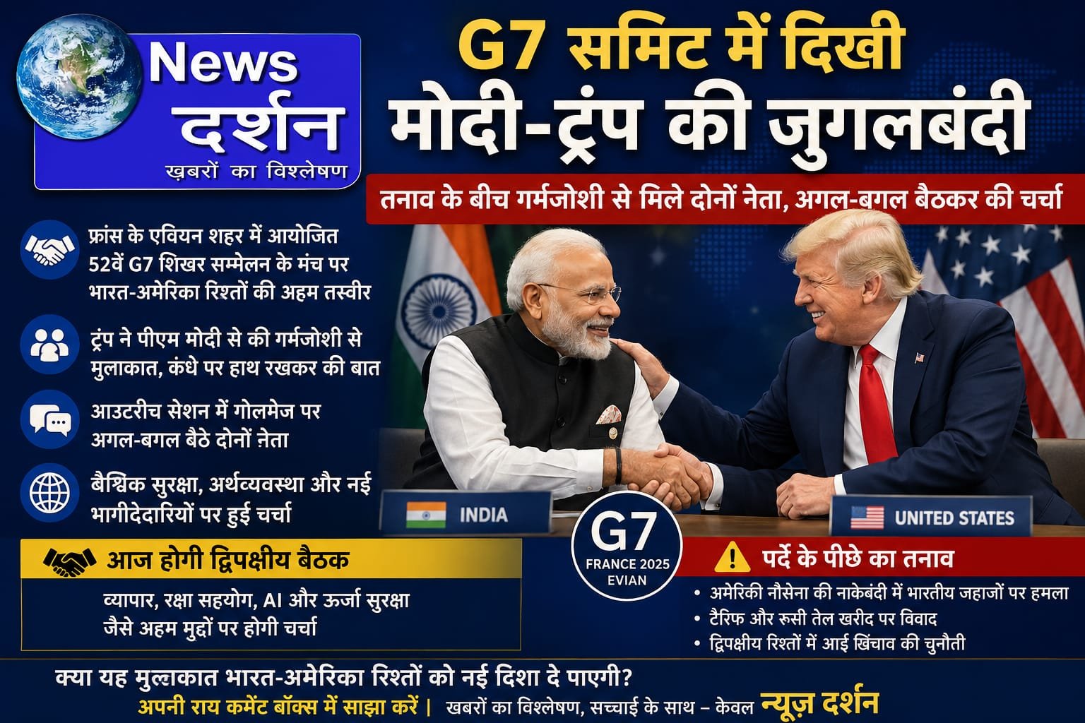 G7 समिट में दिखी मोदी-ट्रंप की जुगलबंदी: तनाव के बीच गर्मजोशी से मिले दोनों नेता, अगल-बगल बैठकर की चर्चा