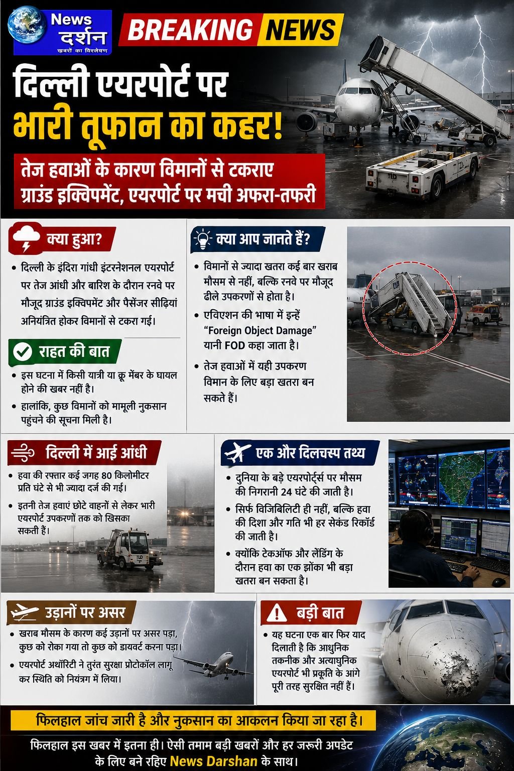 दिल्ली एयरपोर्ट पर भारी तूफान का कहर! तेज हवाओं के कारण विमानों से टकराए ग्राउंड इक्विपमेंट, एयरपोर्ट पर मची अफरा-तफरी