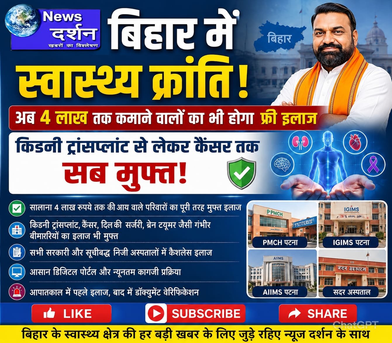 बिहार में स्वास्थ्य क्रांति: अब 4 लाख तक कमाने वालों का भी होगा फ्री इलाज, किडनी ट्रांसप्लांट से लेकर कैंसर तक सब मुफ्त!