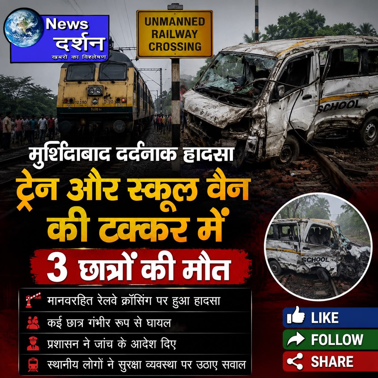 मुर्शिदाबाद में दर्दनाक हादसा: ट्रेन की चपेट में आई स्कूल वैन, तीन की मौत