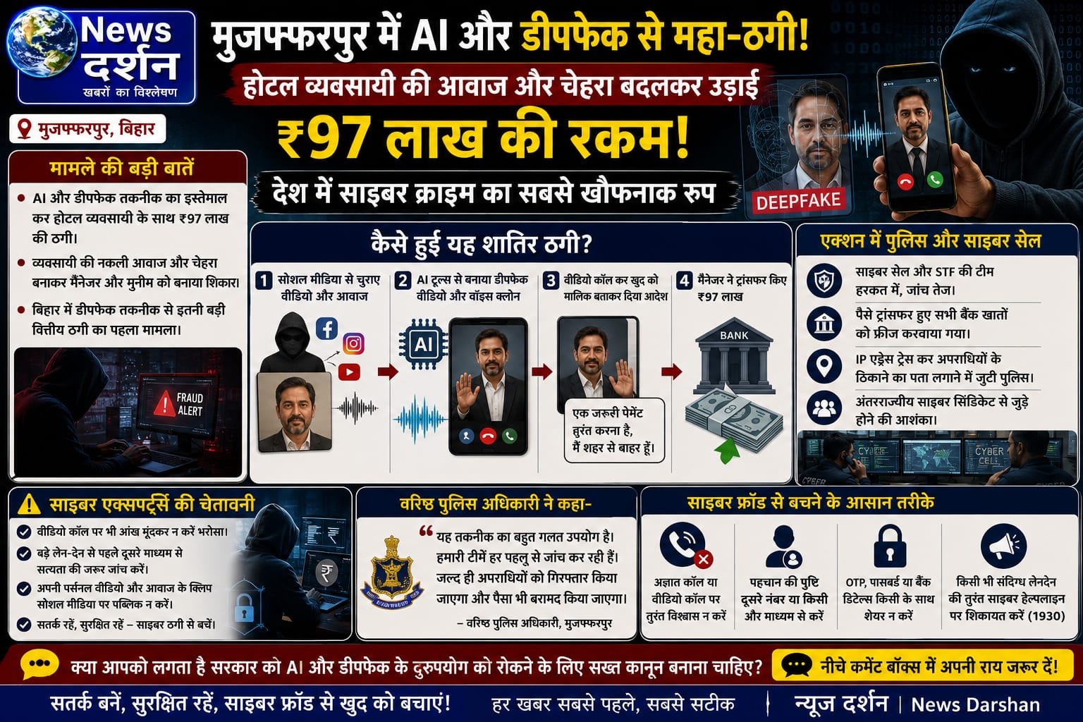 मुजफ्फरपुर में AI और डीपफेक से महा-ठगी: होटल व्यवसायी की आवाज और चेहरा बदलकर उड़ाई ₹97 लाख की रकम; देश में साइबर क्राइम का सबसे खौफनाक रूप!