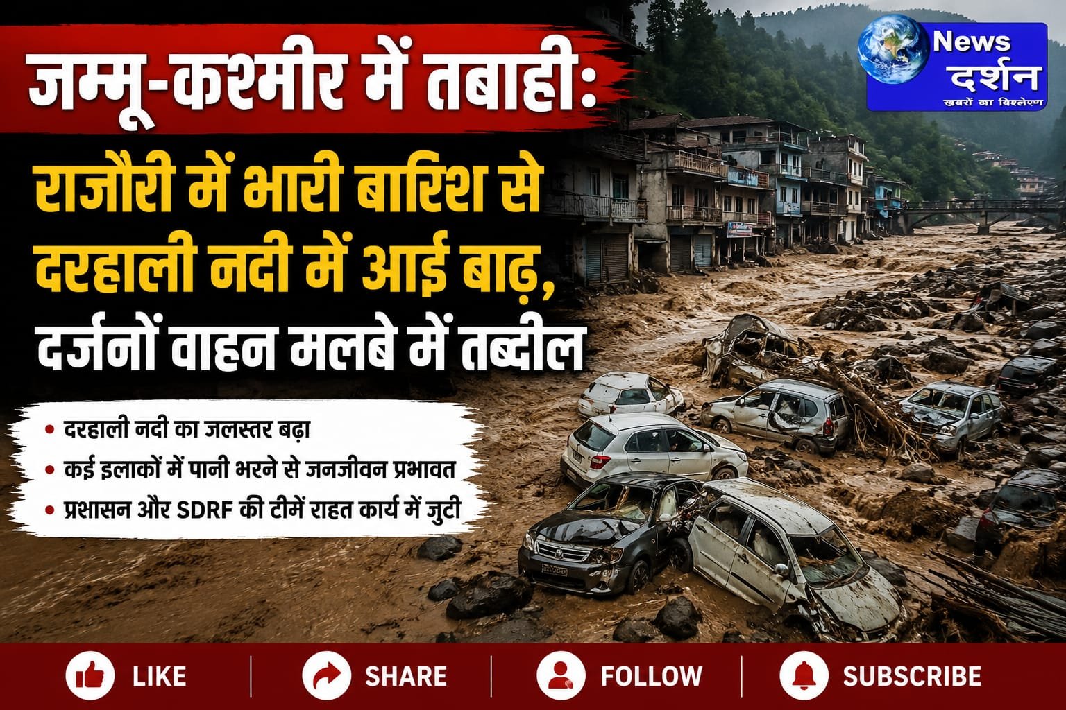 जम्मू-कश्मीर में तबाही: राजौरी में भारी बारिश से दरहाली नदी में आई बाढ़, दर्जनों वाहन मलबे में तब्दील|