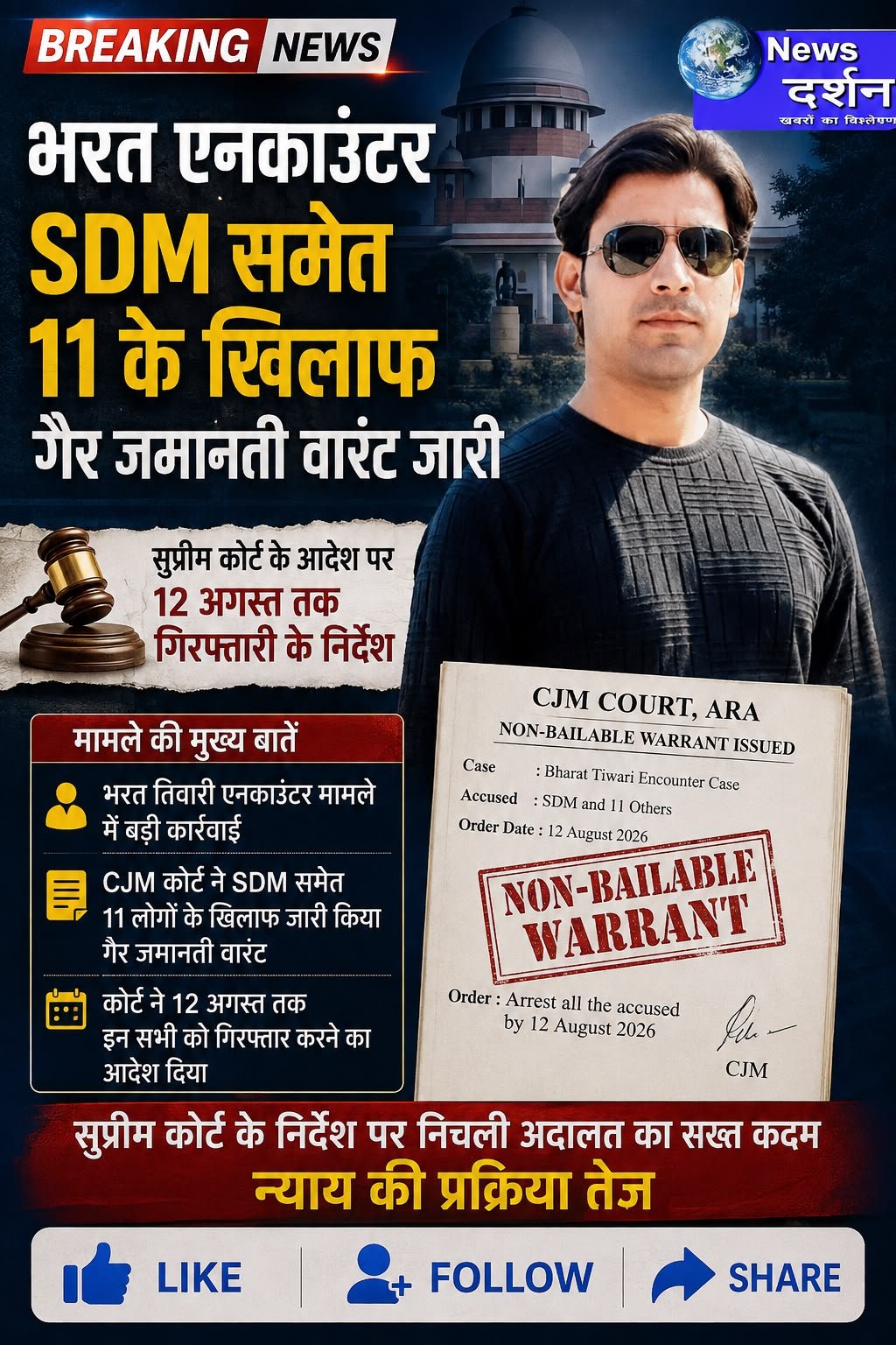 “भारत तिवारी एनकाउंटर केस: SDM समेत 11 के खिलाफ गैर-जमानती वारंट, 12 अगस्त तक गिरफ्तारी का आदेश”